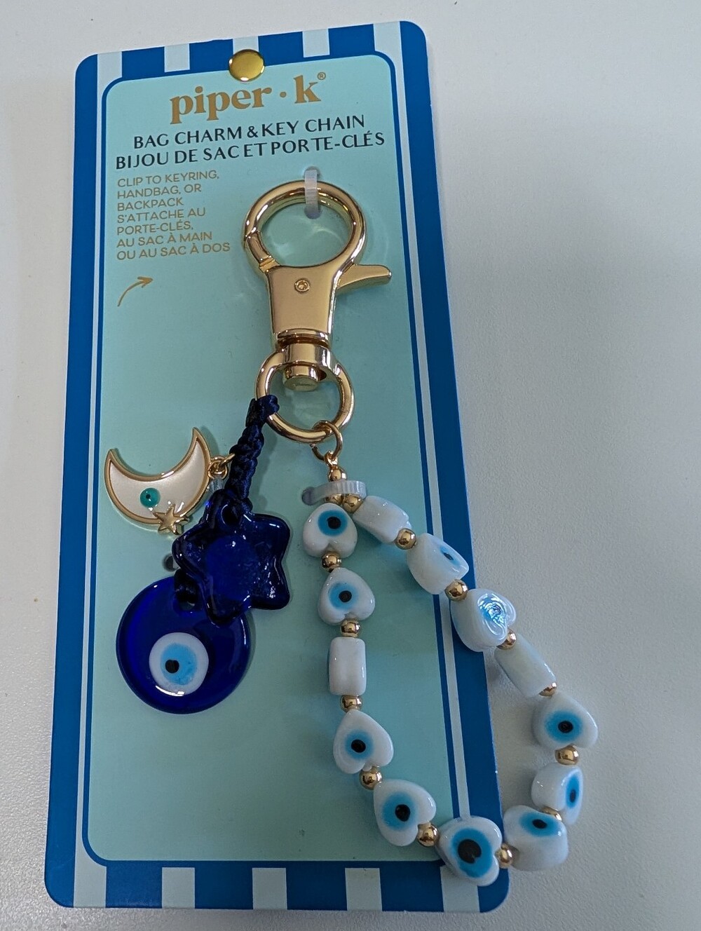 Piper k Gold & Blue Evil Eye Beaded Keychain Bag Charm